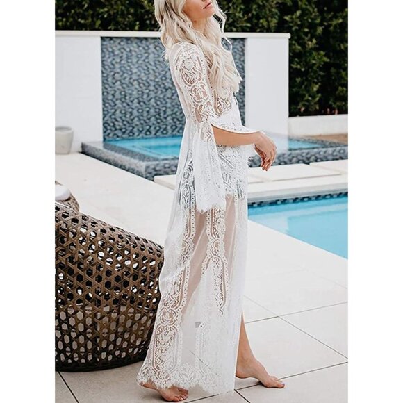 White Crochet Knit Lace Open Face Kimono Cardigan Duster Bikini Swimsuit Coverup - Picture 4 of 5